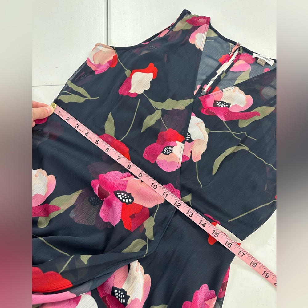Calvin Klein Floral Sleeveless Chiffon High-Low Dress Navy Pink Red Elegant 12 - Picture 6 of 12